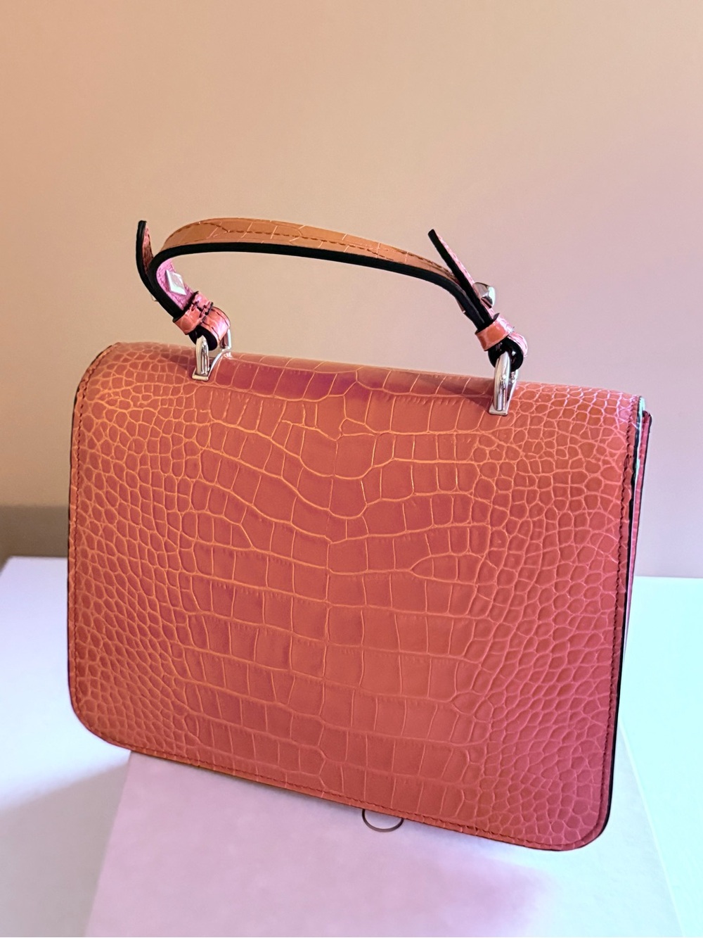 Jimmy Choo Croc-Embossed Top-Handle Satchel in Coral